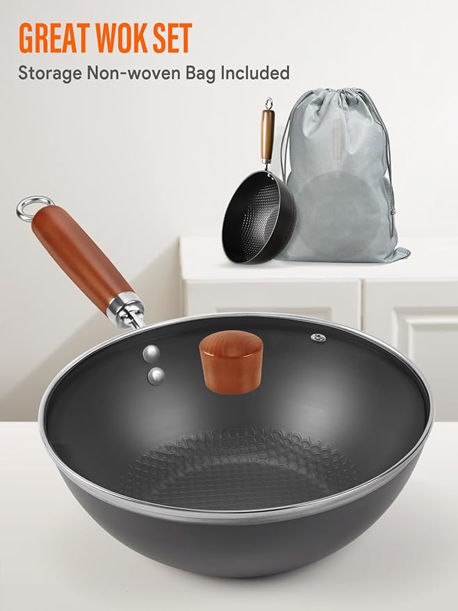 Carbon Steel Wok Pan, 10.5" Authentic Chinese Stir-Fry Pans Set with Glass Lid, 1.87lb Lightweight Flat Bottom Small Wok for 2-3 Servings