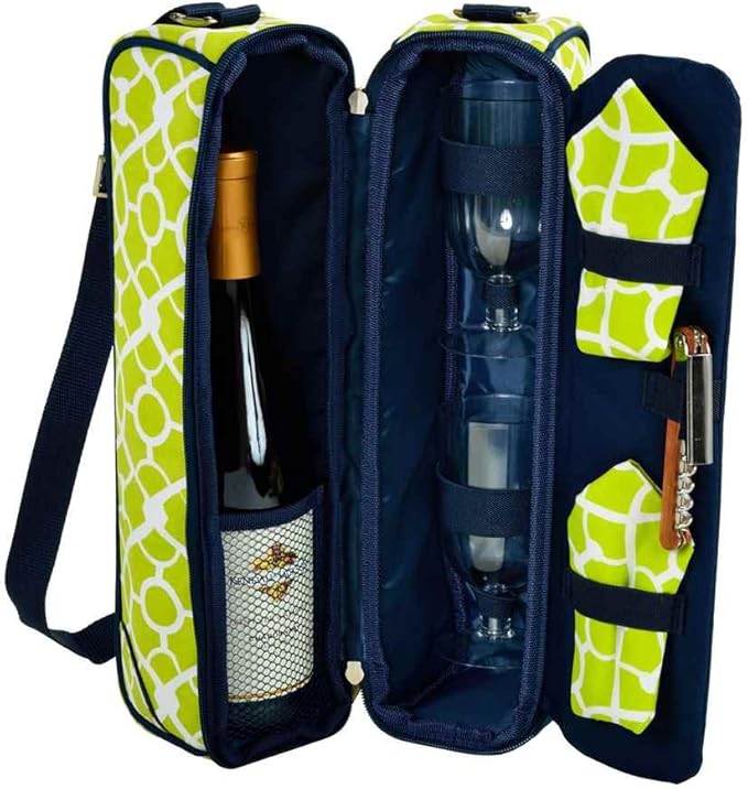 Picnic at Ascot - Deluxe Insulated Wine Tote with 2 Wine Glasses, Napkins and Corkscrew - Trellis Green
