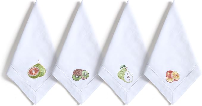 Bedding Craft Cotton Cloth Dinner Napkins Set of 12 – 18x18 Embroidered Motif with Hemstitched Design – Machine Washable Fabric Napkins for Weddings, Baby Showers, Christmas & Everyday Dining