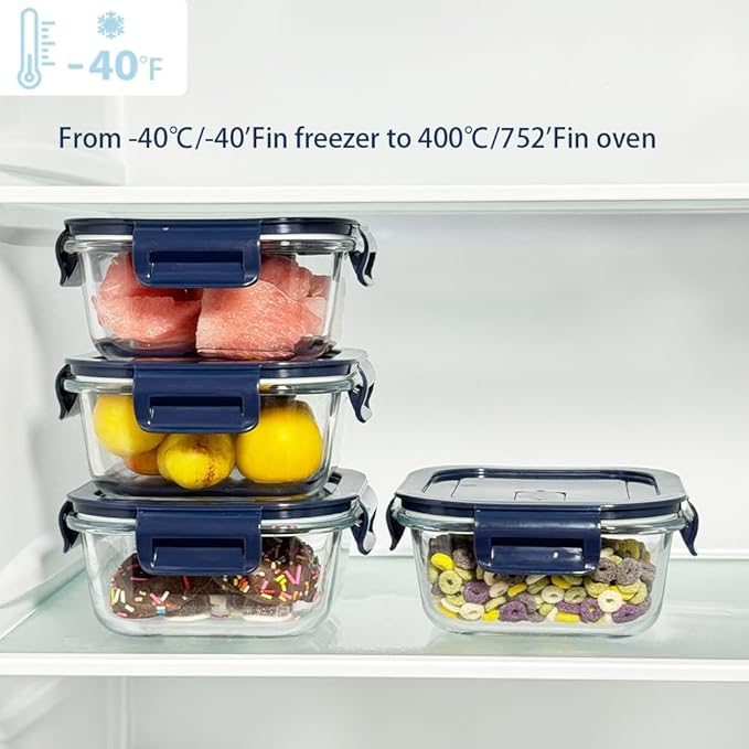 Small Square Glass Food Storage Containers With Lids,2 Cup Square Glass Containers, 16 oz Small Food Containers, Leak-proof lunch Bowls, Dishwasher Microwave Freezer Safe -(Dark Blue)