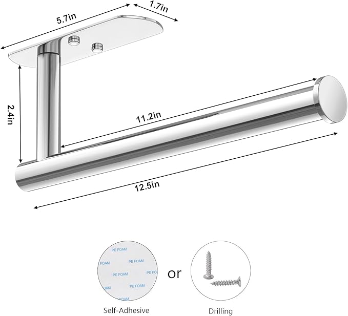 VAEHOLD Self Adhesive Paper Towel Holder Under Cabinet Mount, Wall Mounted Paper Towel Roll Holder for Kitchen, Bathroom, Wall - Stainless Steel (Bright Surface)