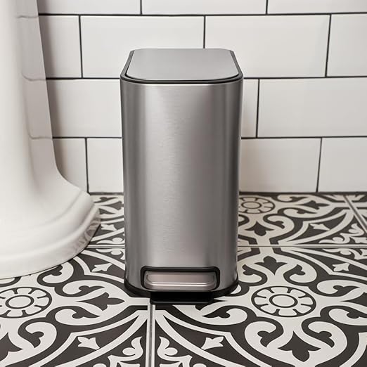 RED FACTOR Slim 1.3 Gallon Stainless Steel Pedal Trash Can with Soft Close Lid for Narrow Spaces – Small Wastebasket Bin with Removable Inner Bucket (Metallic Grey)