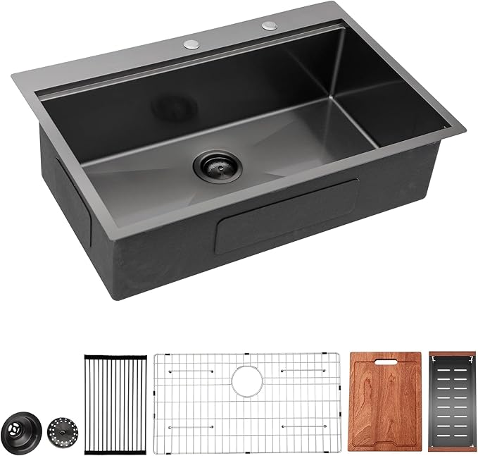 Lordear 33 Black Kitchen Sink Drop in 33x22 Drop Sink Stainless Steel 16 Gauge Gunmetal Black Ledge Workstation Single Bowl Topmount Overcounter Kitchen Sinks Deep Basin