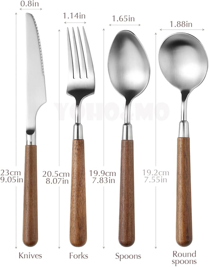 4-Piece Wood Handle Silverware Set - Service for 1, Natural Walnut Wood & 304 Stainless Steel Flatware, Elegant Brushed Finished Brown/Silver Cutlery (1 Set-4 Piece)