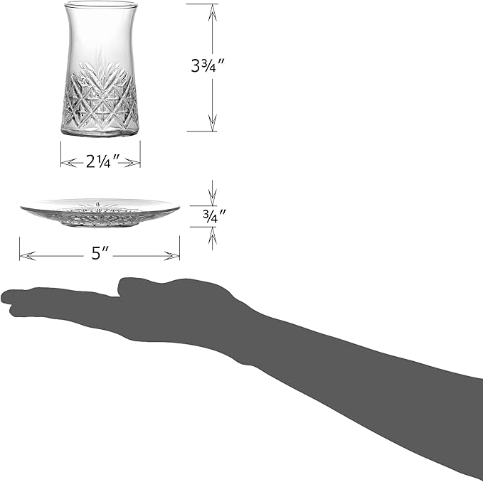 Red Co. Set of 6 Fluted 5.5 Fl Oz Cut Glass Turkish Tea Cups with Saucers, Clear