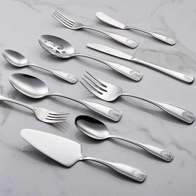 45 Pieces Silverware Set with Serving Utensils, Stainless Steel Flatware Serving Set for 8, Dinnerware Cutlery Set, Shell Pattern & Mirror Polished, Dishwasher Safe