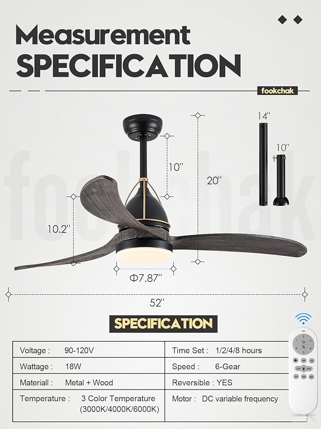 52in Solid Grey Wood Ceiling Fan with Lights 3-Blade Farmhoouse Black Ceiling Fans Outdoor Patio Ceiling Fan Modern Kitchen Fan Light with Remote Control for Bedroom Living Room