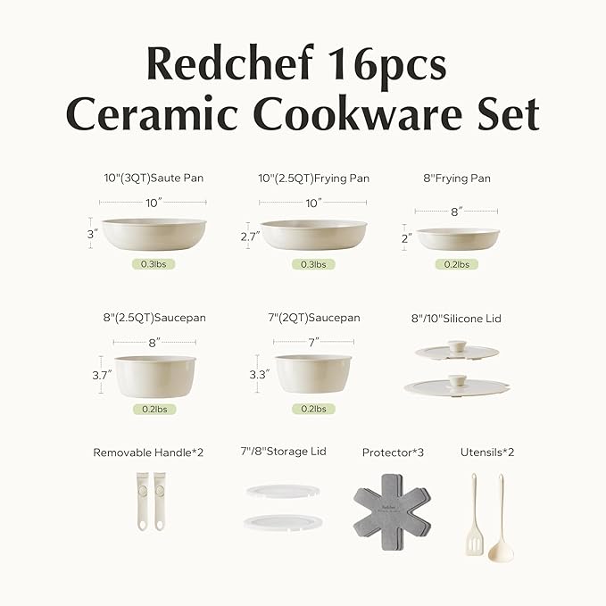 Redchef Ceramic Pots and Pans Set, Nonstick Kitchen Cookware Set with Detachable Handle, Non Toxic Cookware Set 16pcs, PFAS PFOA & PTFE Free, RV Ceramic Cookware for Camping, Dishwasher/Oven Safe