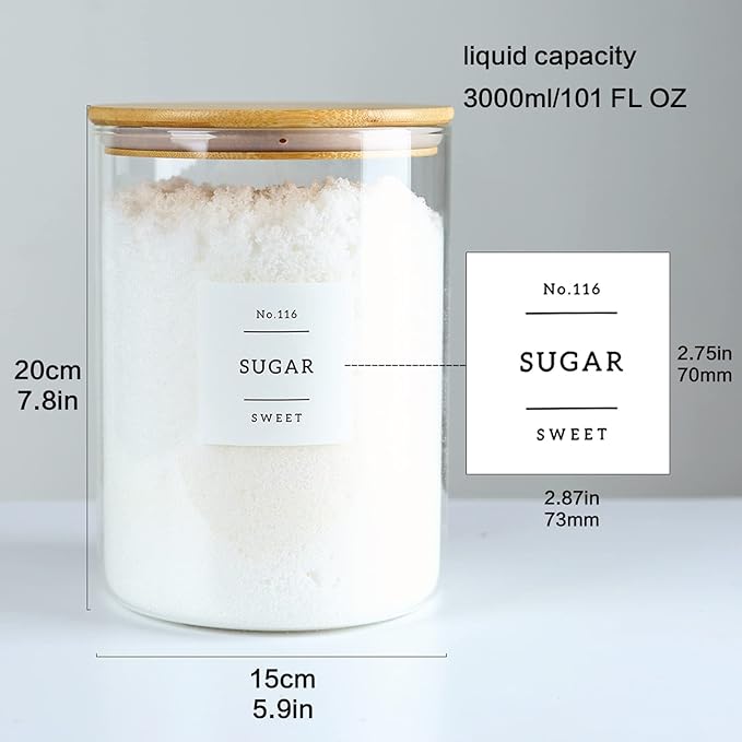 Large Glass Flour and Sugar Containers Jars with Bamboo Airtight Lid - 100 Fl Oz (3000ml) with Kitchen 42 Pantry Labels for Dry Food, Flour, Pasta, Cereal