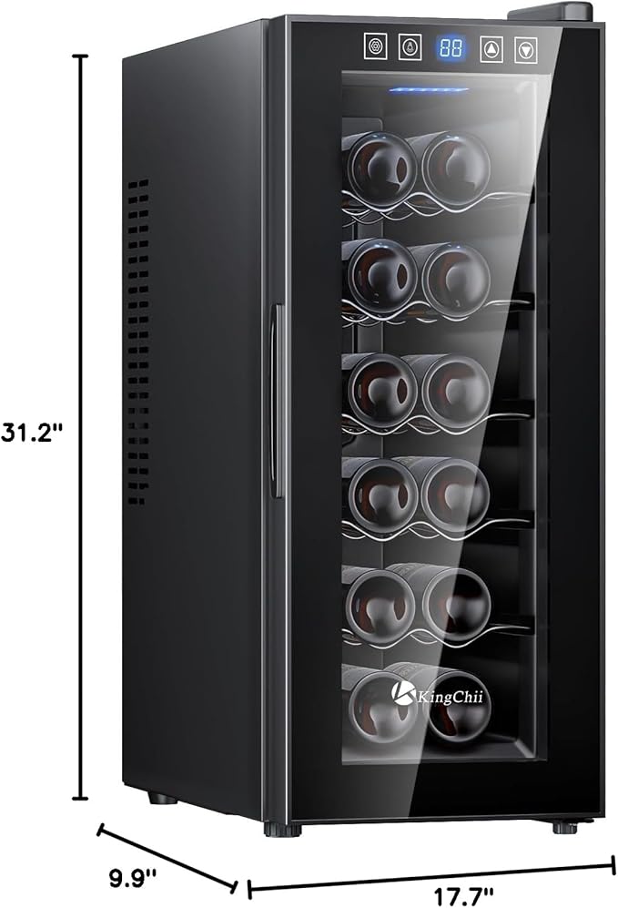 KingChii 12 Bottle Thermoelectric Wine Cooler Refrigerator Advanced Cooling Technology, Stainless Steel & Tempered Glass For Red Wine, Champagne for Home, Kitchen, or Office