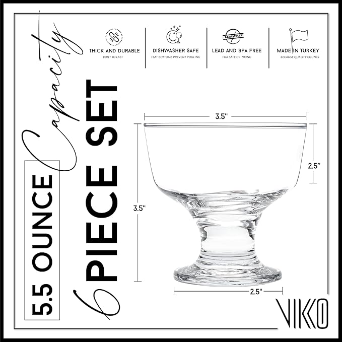 Vikko Dessert Bowls, 7 Ounce Ice Cream Sundae Bowls, Set of 6 Footed Dessert Cup For Ices, Pudding, Fruit, and More, Dishwasher Safe