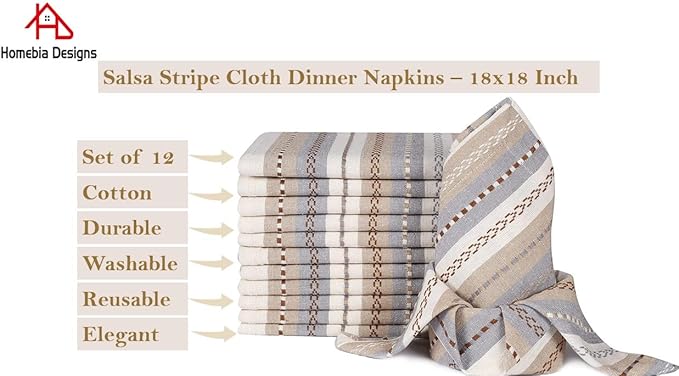 Multi Color Stripes Cotton Hemstich Napkin, Decorative Wedding Cocktail Mashine Washable Dinner Napkins with Mitered Corners - Pack of 12-18x18 Inch - Ivory Multi