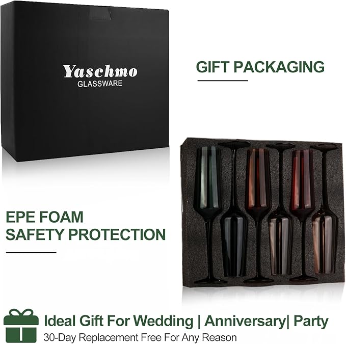 Colored Champagne Flutes Set of 6, Large 8 Oz Hand Blown Crystal Glasses, Lead-Free Colorful Glasses, Italian Style Tall Stemmed Glassware-Elegant Gift Box for Wedding, Party, Holidays, Birthdays