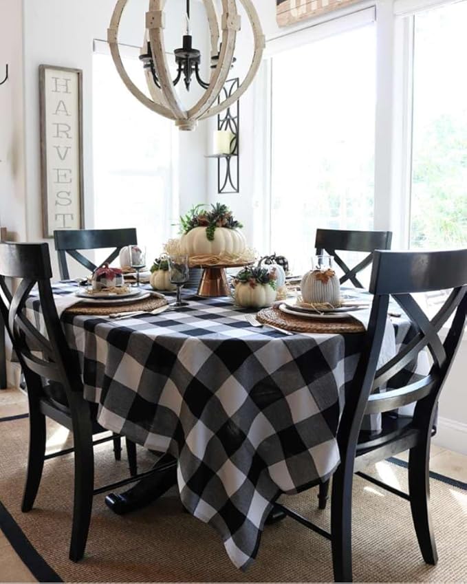 EVERLY 100% Yarn-Dyed Linen Rectangle Tablecloths 60x84Inches for Dining,Buffet Parties,Picnic,Events and Restaurants,Decorative Halloween,Thanksgiving Machine Washable Tablecloths-Black Plaid