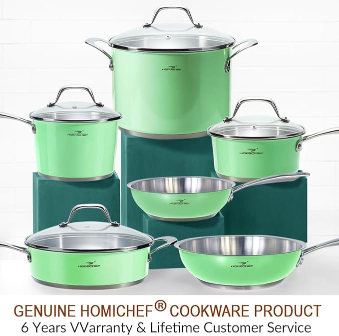 HOMICHEF 10-Piece Mint Green Nickel Free Stainless Steel Cookware Set - Nickel Free Stainless Steel Pots and Pans Set - Healthy Non-Toxic Induction Cookware Sets