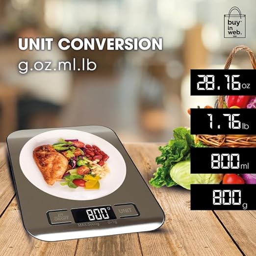 BUY IN WEB USA Food Scale, Stainless Steel Digital Kitchen Scale for Grams and Ounces, for Dieting, Baking, Cooking, LCD Display, Tare Function, 11 lb Capacity