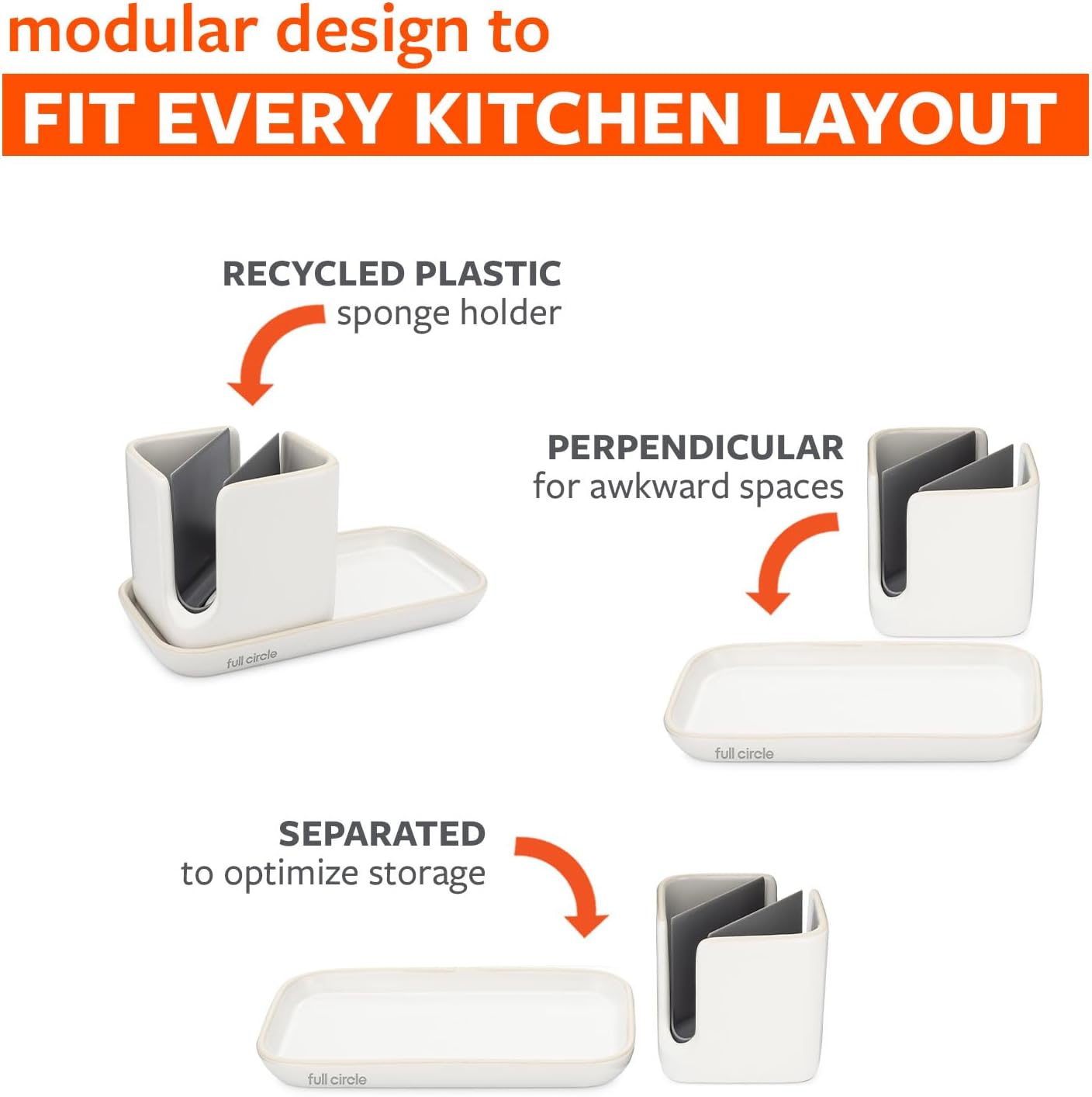 Full Circle Stash, Ceramic Kitchen Sink Caddy, Stylish Modular Sponge Holder & Dish Brush Organizer, White/Gray, 11"