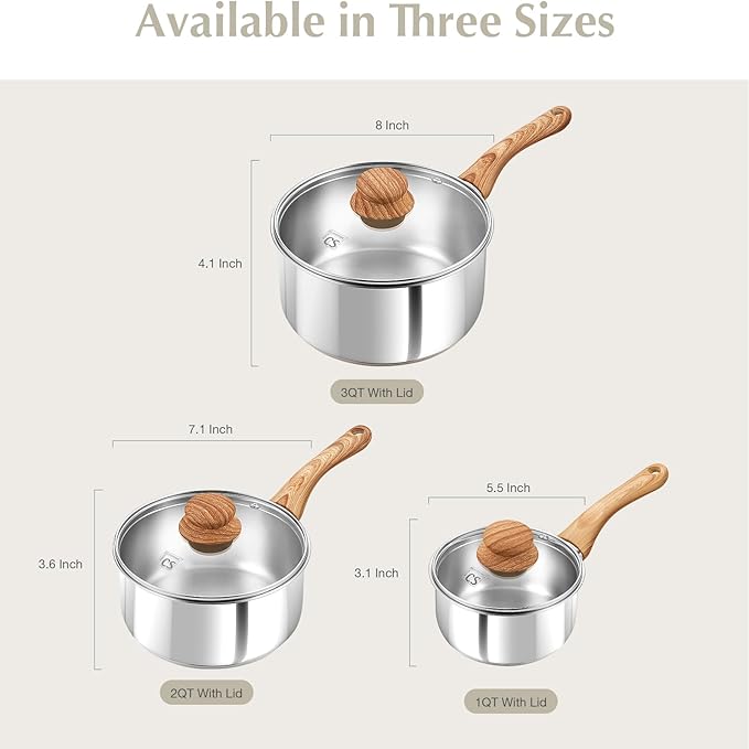 KOCH SYSTEME CS Stainless Steel Pots, 6 Piece Sauce Pan Set with Lids, 1QT, 2QT, 3QT Stainless Steel Saucepan with Cool-Touch Handles, 5-layers Base Pots, Induction Compatible Sauce Pan, Pot Set