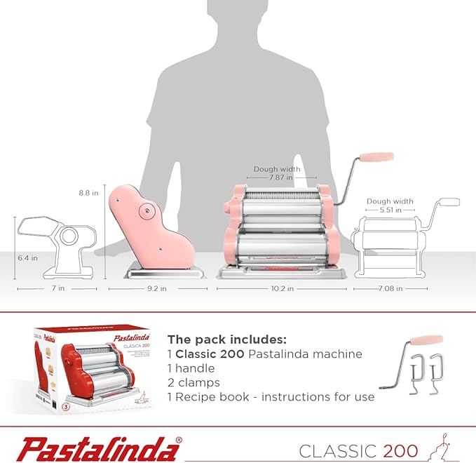 PASTALINDA Classic 200 Pasta Maker Machine, 20 cm Wide Rollers, 9 Thickness Positions, 2 Cutting Positions, Stainless Steel. Includes Reinforced Hand Crank And Two Clamps