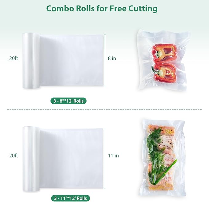 Beelicious Pro Vacuum Sealer Bags Rolls for Food 6 Pack 3 Rolls 11" x 20' and 3 Rolls 8" x 20' Commercial Grade with BPA-Free, Durable Customized Size Food Storage Bags for Sous Vide