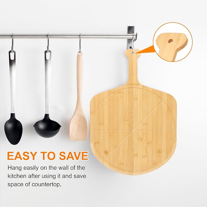 16 inch Natural Bamboo Pizza Peel Set of 2, Double-Sided Use Pizza Cutting Board with 8 Slice Grooves for Pizza, Bread, Cheese, Vegetable, Fruits