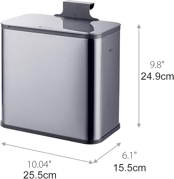 RED FACTOR Stainless Steel Hanging Trash Can with Lid and Inner Bucket – Slim 1.3 Gallon Odor-Free Compost Bin for Kitchen Cabinet, Countertop, Under Sink, or Bathroom (Metallic Gray)