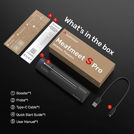 S Pro Bluetooth Wireless Meat Thermometer, 1080°F Heat, 6 Sensors, Enhanced Signal Base, EasySmart App, IP69 Waterproof, Ultra-Thin Probe, Digital Cooking Thermometer, Oven/Grill/BBQ/Air Fryer/Kitchen