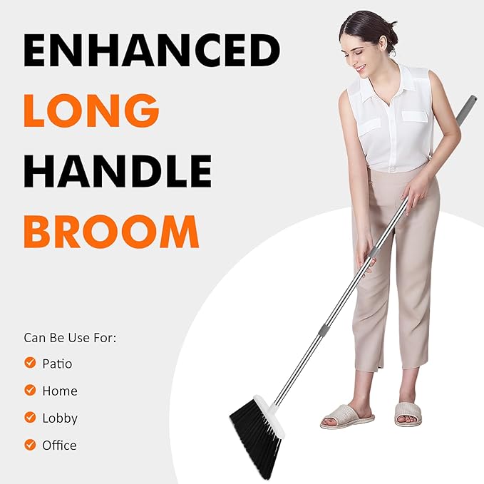 NACENA Heavy Duty Broom, 55 Inch Long Handle Outdoor Large Angle Brooms, Commercial Broom for Sweeping Indoor, for Home Garage Kitchen Office Courtyard Lobby Patio Lawn Concrete, 4 Pack (Grey&White)