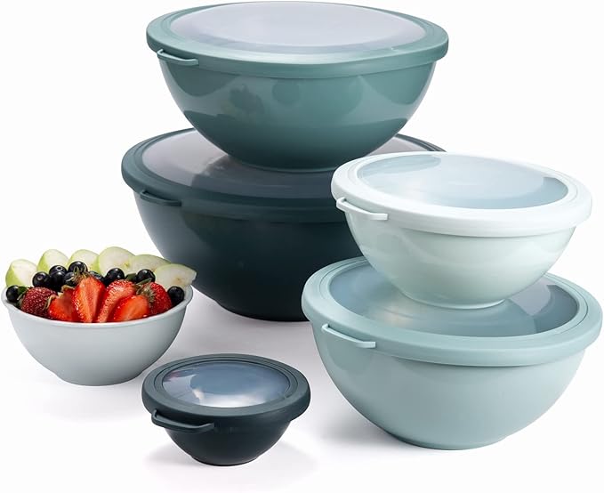 COOK WITH COLOR Mixing Bowls with TPR Lids - 12 Piece Plastic Nesting Bowls Set includes 6 Prep Bowls and 6 Lids, Microwave Safe Mixing Bowl Set (Teal)