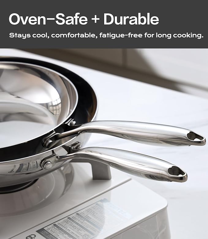 Stainless Steel 8 Inch Frying Pan Nonstick, Tri-ply Clad Base Non-toxic Skillets with Stainless Steel Lid, Fast and Even Heating Stay Cool Handles Induction Dishwasher & Oven Safe PFOA Free Cookware