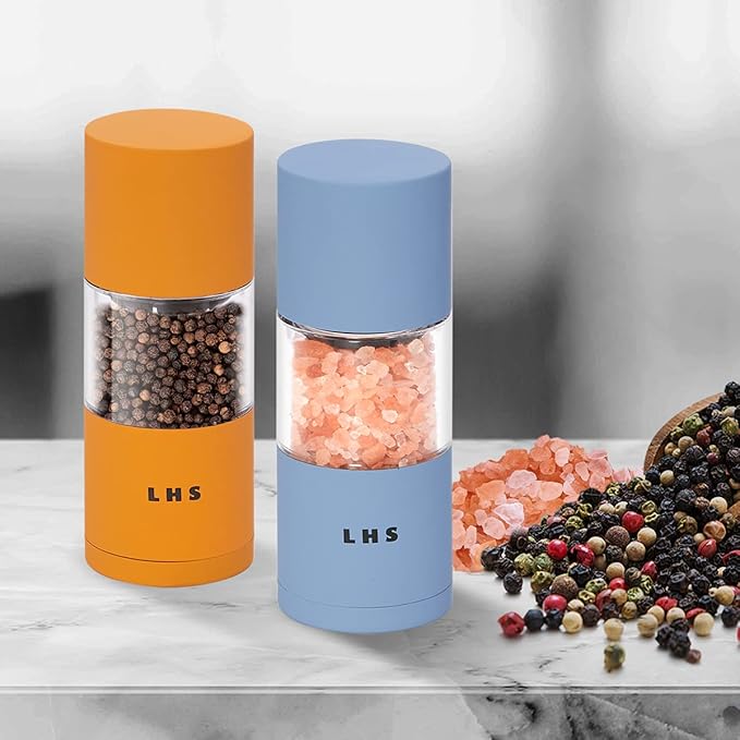 LHS Premium Salt and Pepper Grinder Set, Stainless Steel Salt Pepper Mill Set, Refillable Pepper Seasoning Mills with Adjustable Coarseness for Kitchen Use - 4.6 Inches(2-Pack, Orange & Blue)
