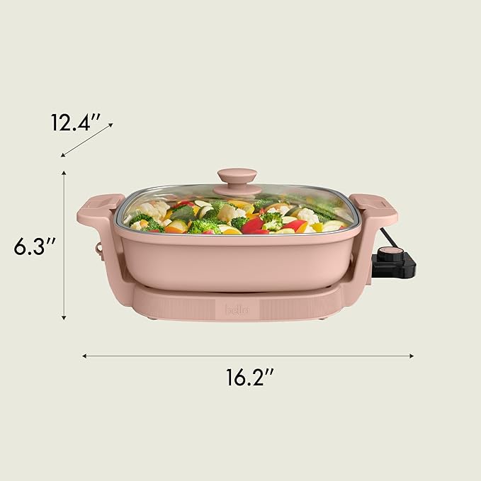 bella Make & Take Electric Skillet, Fits-anywhere™ kitchenware, EverGood™ Ceramic Coating, Adjustable Temperature & Dishwasher-Safe Tempered Glass Lid, Cast Aluminum Base, 1200 Watt, Blossom