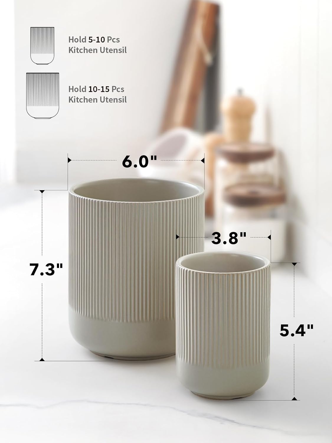 LE TAUCI Utensil Holder, 7.3"+5.4" Ceramic Kitchen Utensil Holder for Countertop, Large Cooking Utensil Crocks for Kitchen Counter, Modern Utensil Organizer for Spatula, Set of 2, Oatmeal Greige