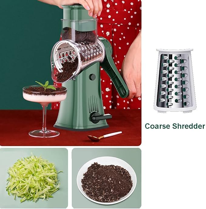Rotary Cheese Grater Chopper Vegetable Cutter Slicer with Stainless Steel Drum Blades for kitchen, 5 in 1 Manual Round Mandoline Julienne Shredder Potato Grinder for Fruit, Nuts,Onion Green