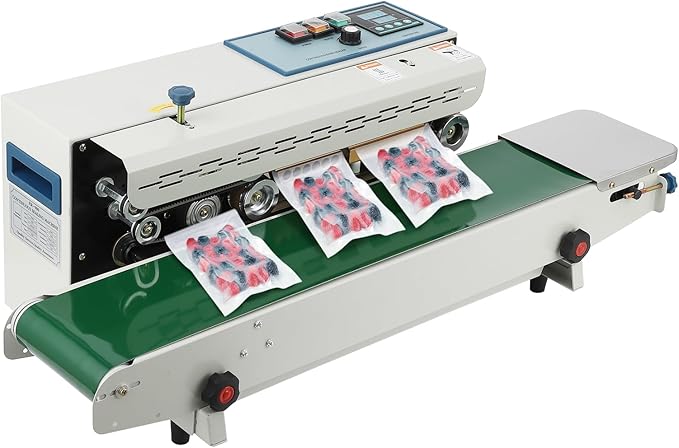 Continuous Band Sealer FR900K - Automatic 110V Horizontal Sealer with Digital Temperature Control for Commercial PP Aluminum Foil PVC Plastic Bags