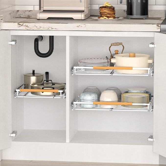 Large Pull Out Cabinet Organizer, Heavy Duty Cabinet Expandable Pull Out Shelves, Slide Out Cabinet Organization Storage, 3 Pack 23.2''-40''W