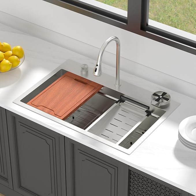 Lordear 33 Watefall Kitchen Sink 33x22 Drop In Kitchen Sink Stainless Steel 16 Gauge Single Bowl Multifunctional Workstation Sinks with Built-in Accessories,Split Faucet Style