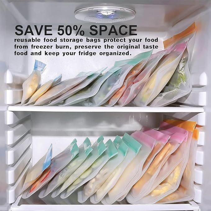 10 Pack reusable bags, Leakproof Reusable Freezer Bags, BPA Free silicone food storage bags for Lunch Marinate Food Travel - 3 Gallon 3 Snack 4 Sandwich Bags.