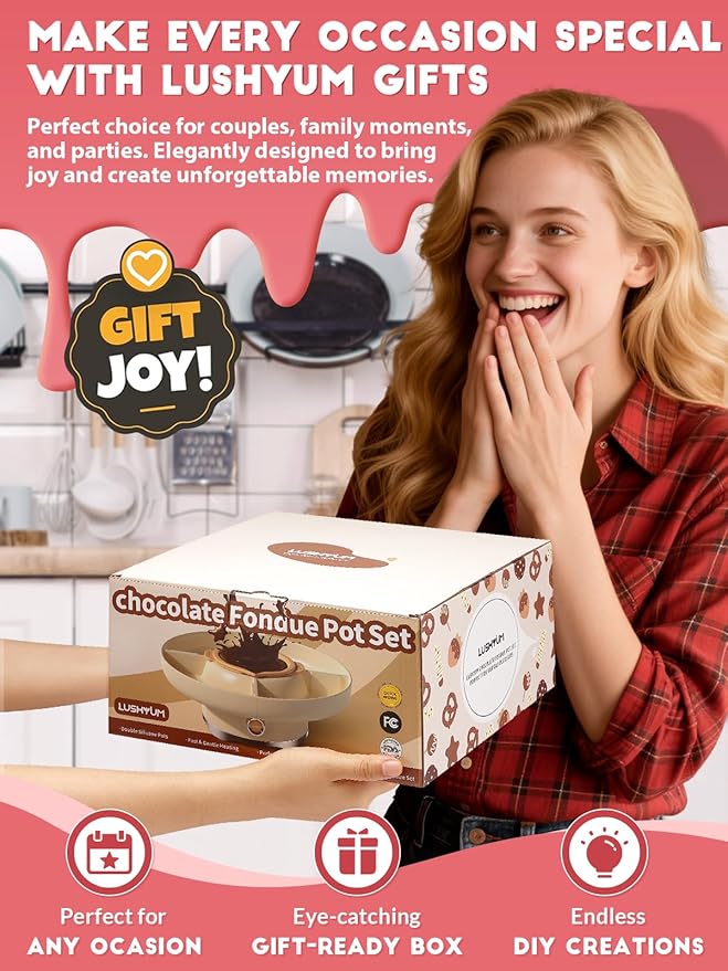 Chocolate Fondue Pot Set Electric Melting Machine, 4-Cup Capacity 4 Trays 5 Forks 1 Spatula Cheese Warmer, Ideal Gift for Couple Family & Date Night Idea House Warming Holidays Essentials