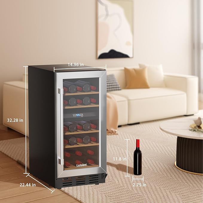 26 Bottles Wine Cellar, 15 Inch Compressor Wine Cooler with Dual Zone, Built-in or Under Counter, 41-64°F Digital Touchscreen, Triple-Layer Glass, Wine Fridge in Cabinet