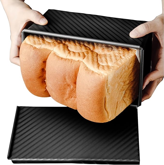 Black Pullman Loaf Pan with Lid, 1 lb Dough Capacity, Nonstick Bread Toast Mold with Cover, Carbon Steel Corrugated Bread Mould Bakeware