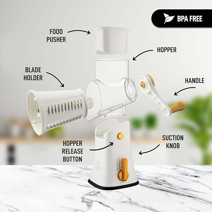 Zulay Kitchen Rotary Cheese Grater 5 Blade Cheese Shredder - Manual Hand Crank Cheese Grater With Reinforced Suction & 5 Interchangeable Drums - Easy to Use, Vegetable Chopper Round Mandoline Slicer