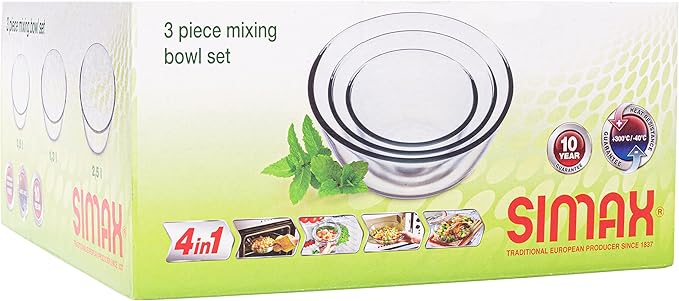SIMAX Glass Mixing Bowls Set: Borosilicate Glass Mixing Bowls - Microwave, Oven & Dishwasher Safe - 3 Piece Set (2 Cup, 5.5 Cup, 10.5 Cup)