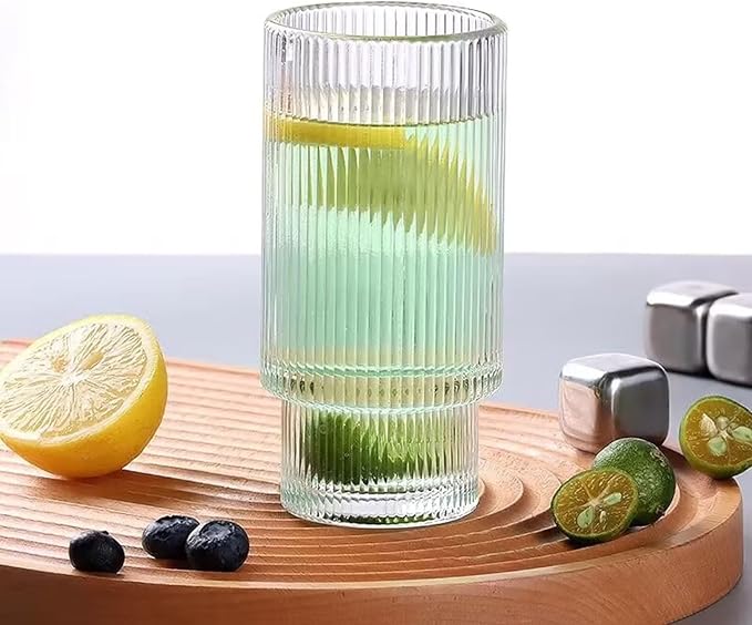 16OZ Ribbed Glass Cups with Lids and Straws,Iced Coffee Cups with Bamboo Lid,Vintage Glassware for Whiskey Cocktail Beer Fruit Juice Glasses Tumbler(6 Pack)