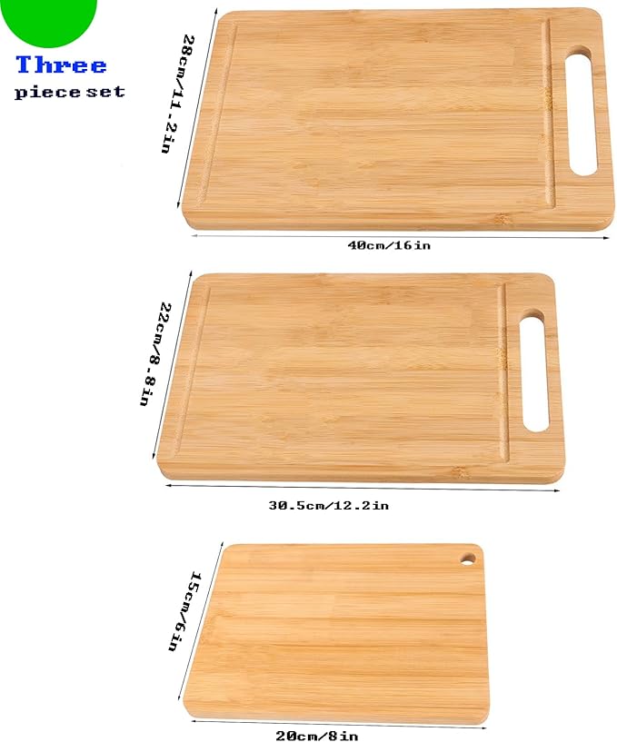 Bamboo Cutting Board Non-Toxic Durable Wooden Cutting Boards for Kitchen with single Sided Deep Juice Grooves Wide Handle Ideal Charcuterie Chopping Board for Meat Vegetables and Fruits【(S+M+L)】