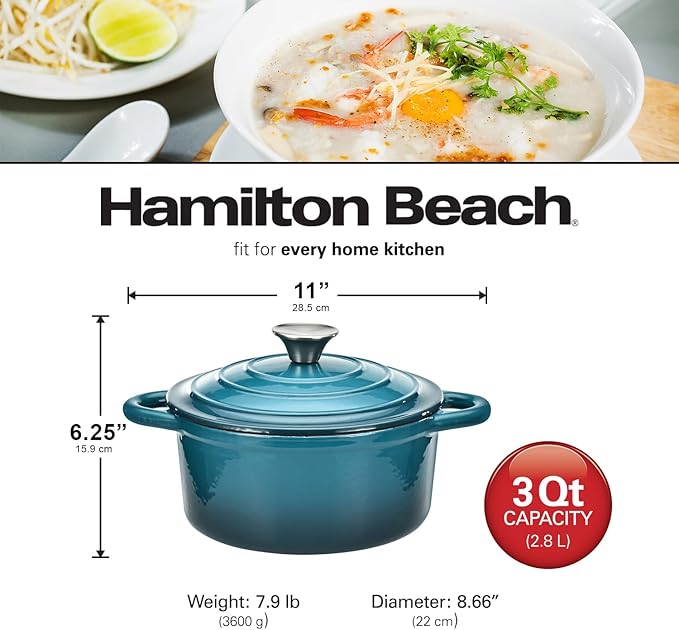 Hamilton Beach 3-Quart Enameled Cast Iron Dutch Oven, Navy with Cream Interior | Even Heat Distribution & Easy-Grip Handles | Ideal for Braising, Roasting,Stewing & Bread Baking