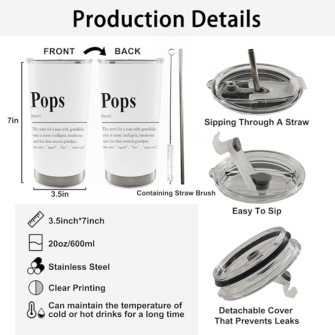 QASHWEY Pops Gifts Coffee Tumbler - Pop Pop Grandpa Gifts from Grandkids Travel Tumbler Coffee Mug, Gift for Pop Grandpa Fathers Day, Pops Definition Stainless Steel Tumblers with Straw and Lid 20 oz