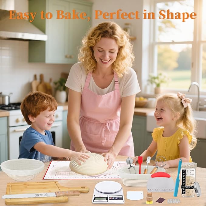 Aliggbent 40Pcs Sourdough Bread Baking Supplies, 10'' Round & Oval Banneton Bread Proofing Baskets with 24 oz Sourdough Starter Jar Kit, Digital Scale, Cutting Board, Knife, Bags & Bread Making Tools