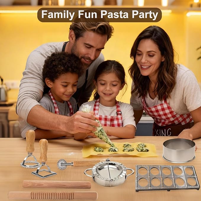 10Pcs Ravioli Cutter Mold, Pasta Making Kit with Round, Square Ravioli Stamp Maker Cutter, Ravioli Making Set Wood Rolling Pin