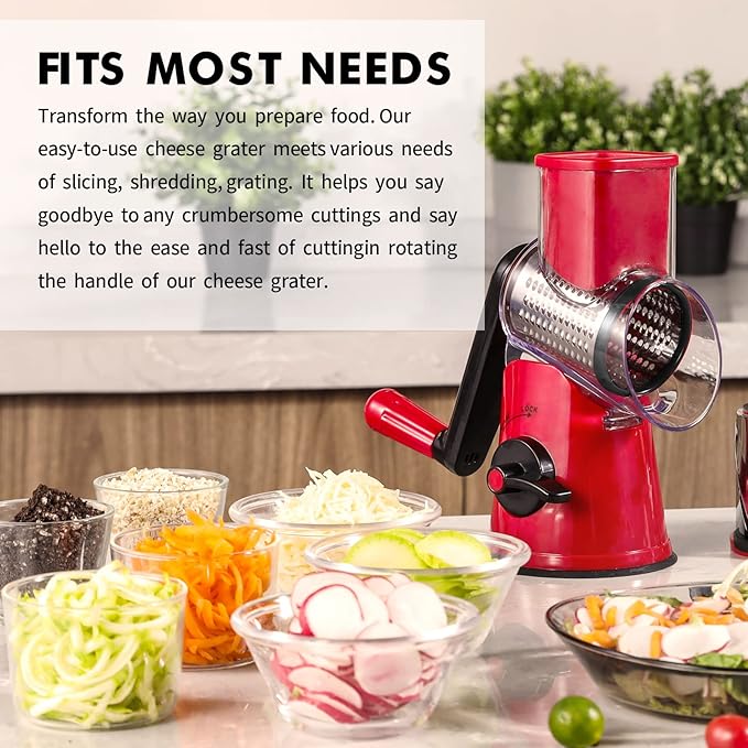 Rotary Cheese Grater, 3 in 1 Cheese Shredder Grater Rotary with Handle, Vegetable Mandoline Slicer Shredder for Vegetable, Cheese, Nut
